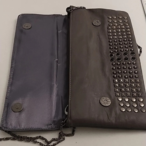 Gray Clutch Crossbody bag Gunmetal Studs Black Faceted Stones Removable Chain - Picture 7 of 11